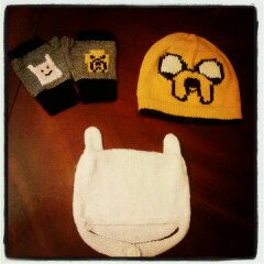 Adventure Time fingerless gloves, Finn knit hat, Jake knit hat